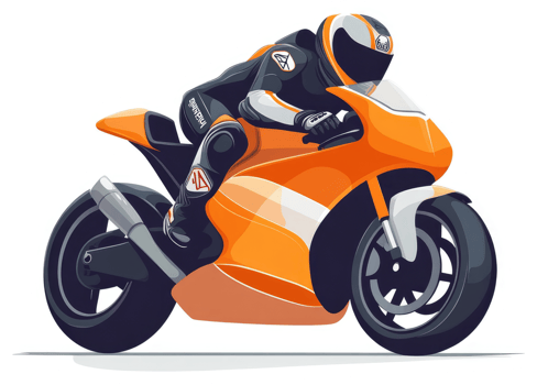 A professional motorcycle racer dominates the track on a sleek, orange sports bike. png