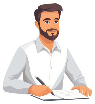 A man in a white shirt writing in a notebook. png