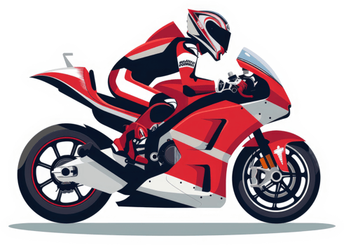 A red and white racing motorcycle with a rider in a sleek racing suit. png