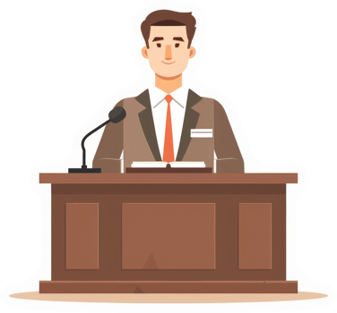 A man in a suit speaks at a podium. png
