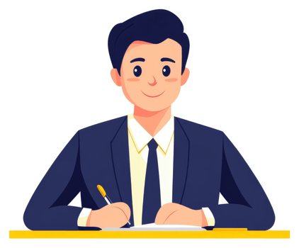 A cartoon depiction of a businessman writing at a desk. png