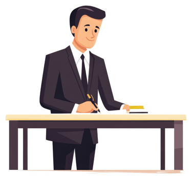 A businessman in a suit writing at a table. png