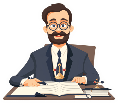 A bearded man in formal attire, writing in a book, suggestive of a legal professional. png