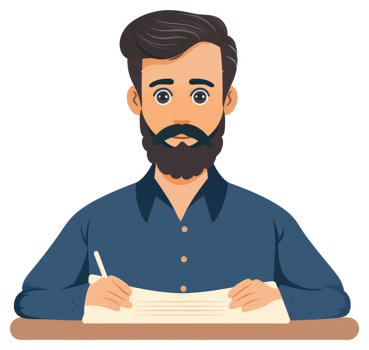A man with a beard writing on a document. png