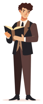 A man in a suit holding an open book. png