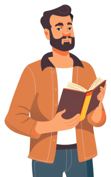 A man with a beard holding an open book. png