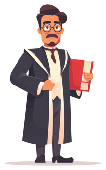 A distinguished jurist in formal academic attire, holding a book. png