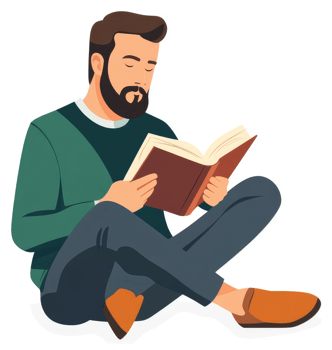 A man engrossed in reading a book, seated comfortably. png