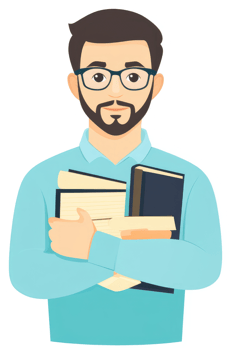 A man in a light teal shirt holding numerous books. png