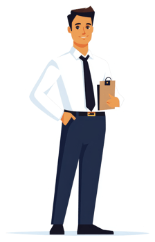 A smiling businessman in a crisp white shirt and dark suit, holding a clipboard. png