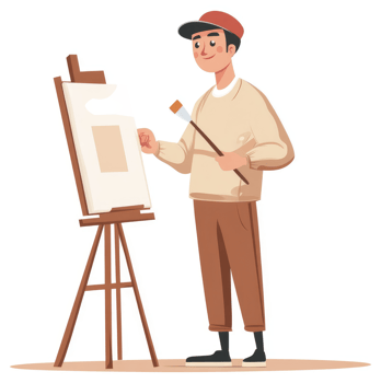 A happy artist painting on a canvas easel. png