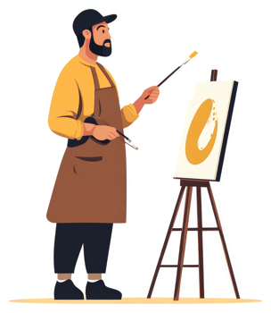 A bearded artist painting on a canvas with a paintbrush. png