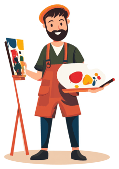A happy artist displaying a colorful painting and palette. png