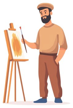A man with a beard painting on an easel. png