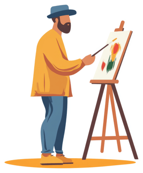 A bearded artist meticulously paints a vibrant canvas on an easel. png