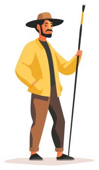A man in a yellow jacket holding a walking stick. png