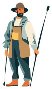 A man in a hat and apron, holding walking sticks. png