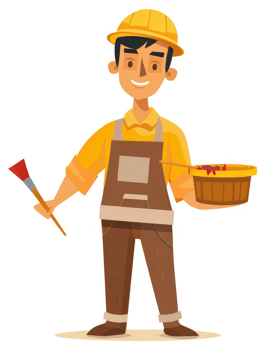 A happy worker in a yellow hard hat holding paint and a bucket. png