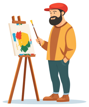 A bearded artist with a paintbrush, painting on an easel. png