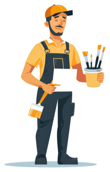 A painter in work clothes holding paintbrushes and a blank document. png