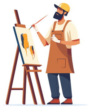 A bearded artist meticulously paints a canvas on an easel. png