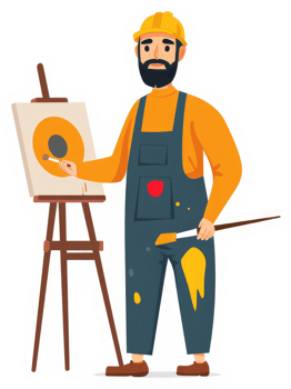 A bearded artist in overalls painting on an easel. png