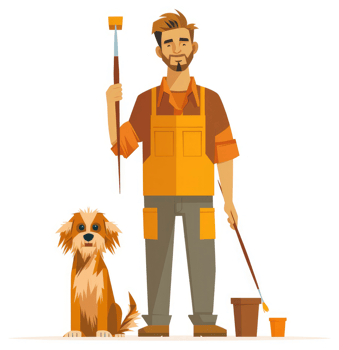 A painter and their companion dog, ready for an artistic day. png