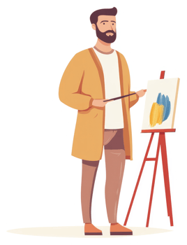 A man in a light beige coat, painting on an easel. png