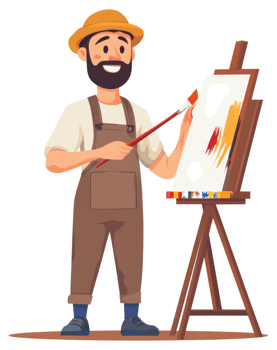 A cheerful artist in overalls paints a canvas on an easel. png