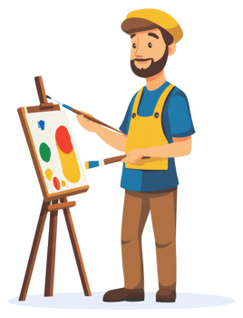 A man with a beard, wearing a yellow apron, paints on a canvas. png