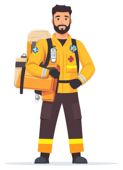 A paramedic in protective uniform carrying a medical backpack. png