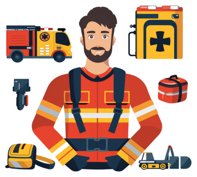 A first responder equipped with emergency gear and rescue vehicles. png