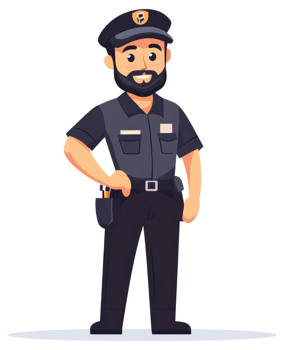 A friendly cartoon depiction of a security guard in uniform. png