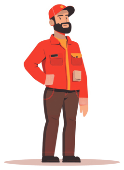 A cartoon illustration of a worker in a vibrant red uniform. png