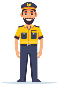 A smiling security guard in a yellow uniform. png