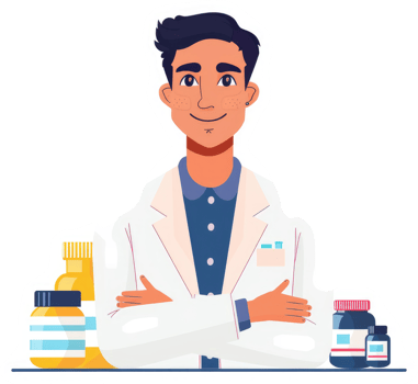 A friendly pharmacist with arms crossed, showcasing various medication bottles. png