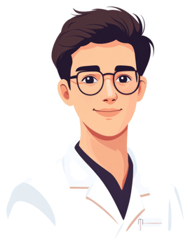A friendly-looking young man in a white lab coat and glasses. png