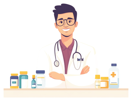 A friendly doctor stands behind a table full of various medical supplies. png