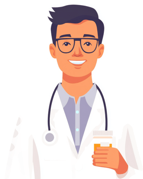 A friendly doctor holding a container of pills. png