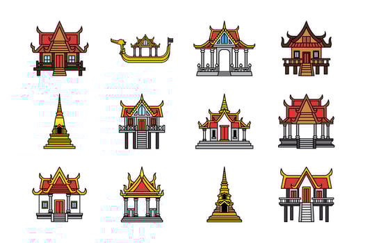 icons of thai temple and traditional house collection vector