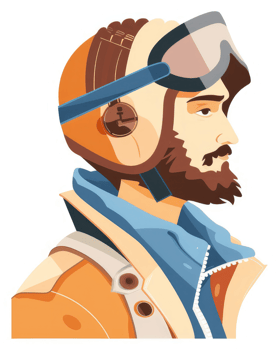 A profile view of a man in vintage aviator attire. png