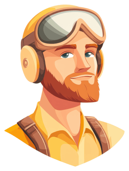 A cartoon illustration of a man wearing ski goggles and a yellow shirt. png