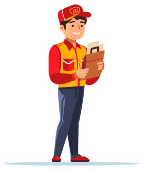 A smiling postal worker holding a package and documents. png