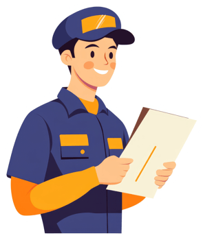 A smiling worker in uniform holding documents. png