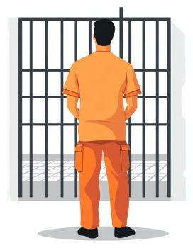 A prisoner stands behind bars, contemplating freedom. png