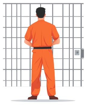 A prisoner stands in a jail cell, facing the barred wall. png