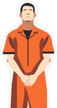 Depiction of a man in an orange jumpsuit with hands clasped at the groin. png