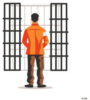 A prisoner stands before barred prison doors. png