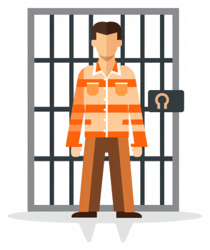 A prisoner standing behind bars in an orange striped uniform. png