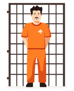 A man in an orange jumpsuit standing behind bars. png